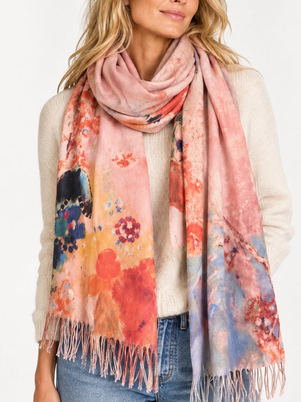 Cashmere Blend Abstract Art Scarf Blush Pink / Multicolor